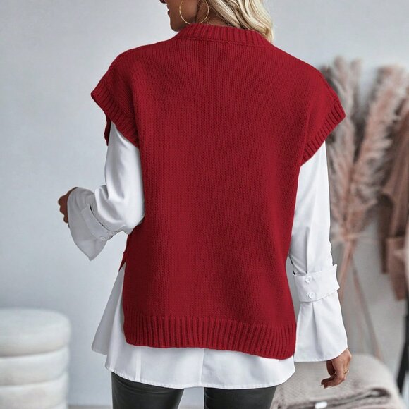 Red Casual Women's Round Neck Loose Knit Sweater Vest - Picture 2 of 6